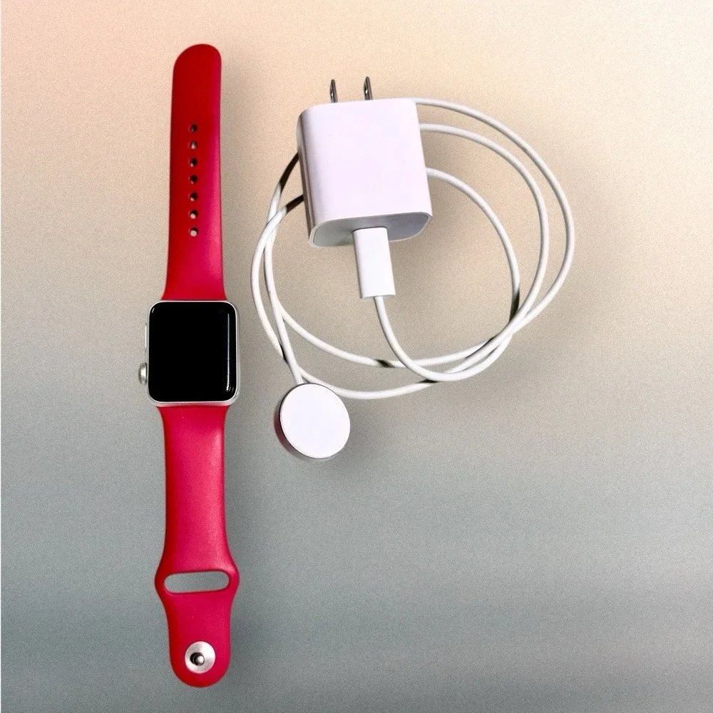Apple Watch Series 3 38mm GPS Aluminum Silver w/Red Sport Band +Charger Adapter